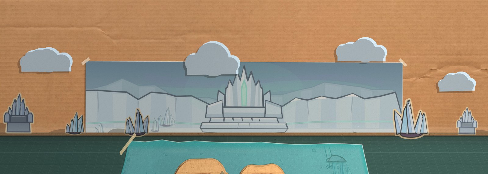 The Avatar of Winter's Frozen Throne: a fluted ice back crested with icicles on a three-step dais, ice walls behind it, and shards standing on the seam